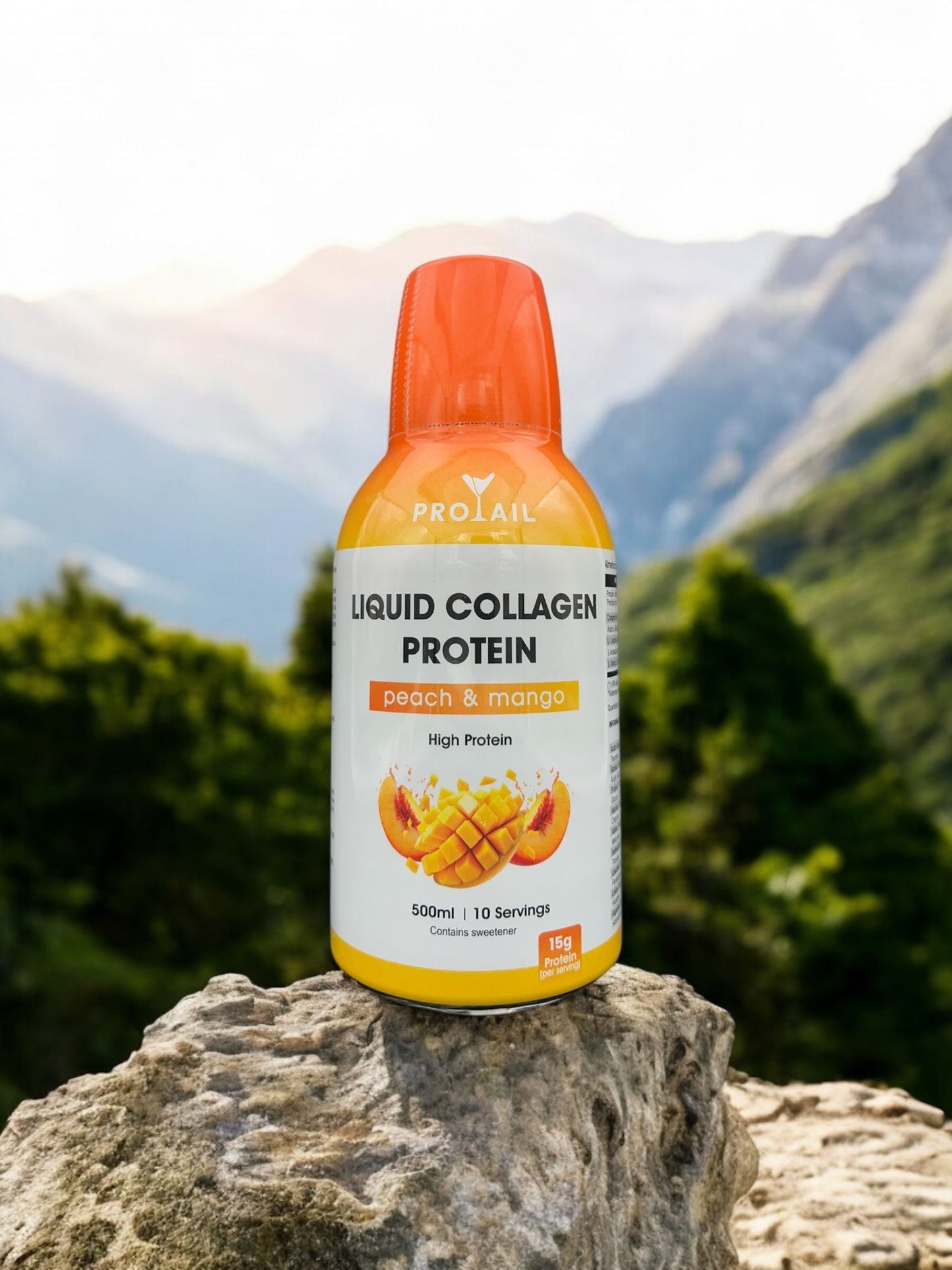 Protein supplement bottle with mountainous background
