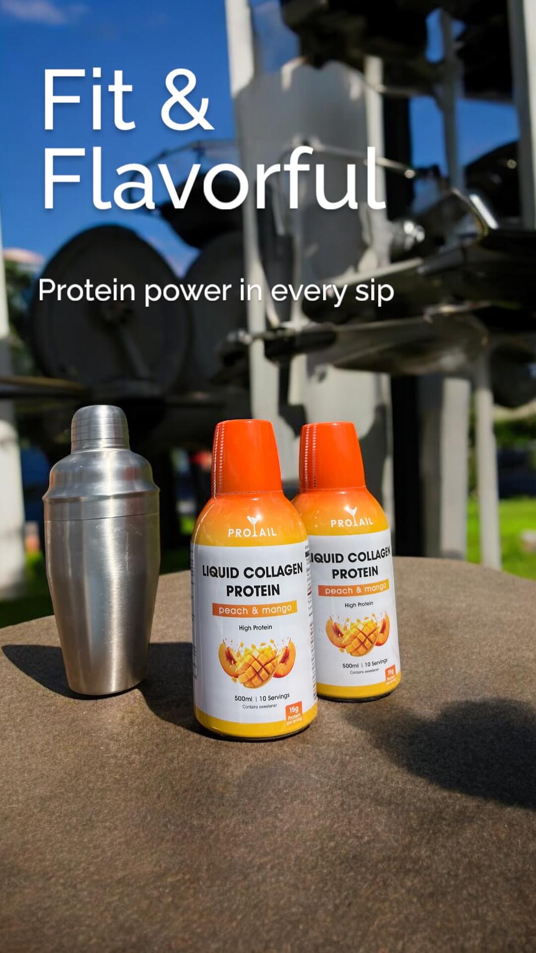 Two bottles of Protail Liquid Collagen Protein with a cocktail shaker on a table outdoors ready for gym and exercise.