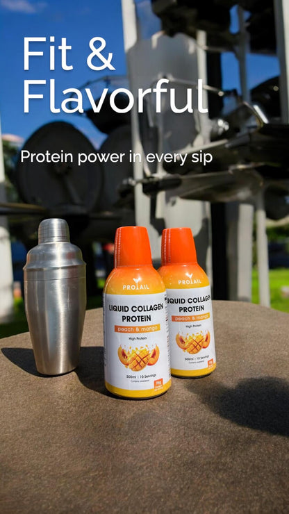 Two bottles of Protail Liquid Collagen Protein with a cocktail shaker on a table outdoors ready for gym and exercise.
