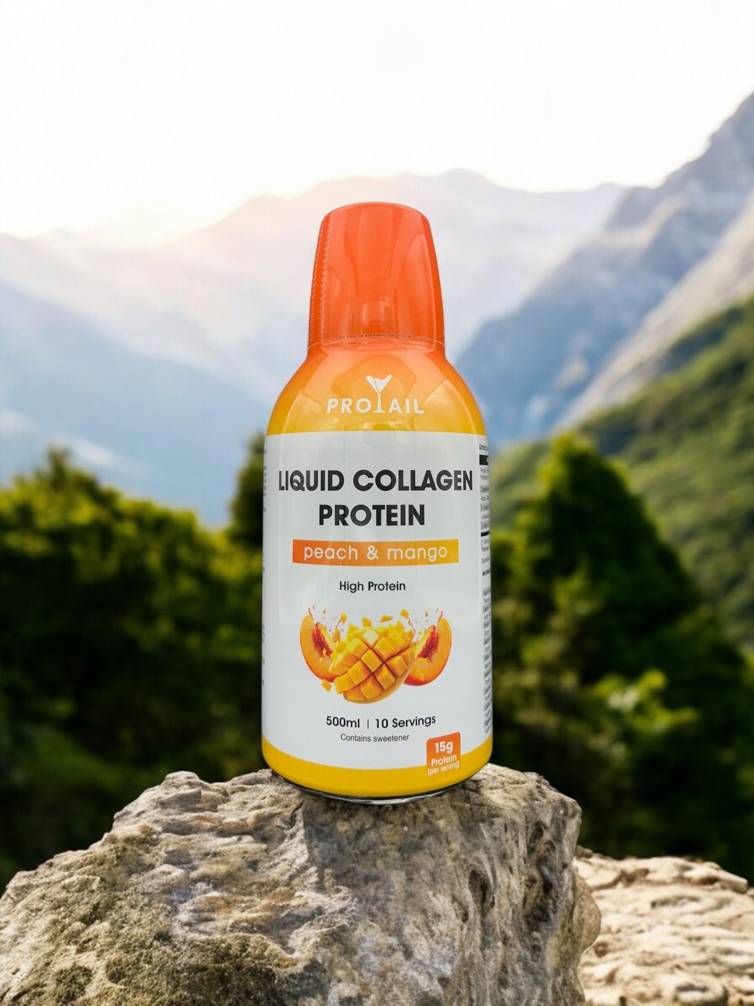 Protein supplement bottle with mountainous background